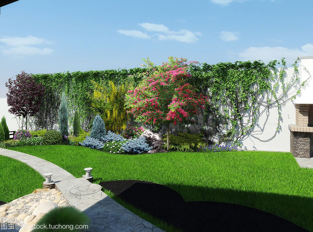 后院园林绿化和园林设计,3d 渲染